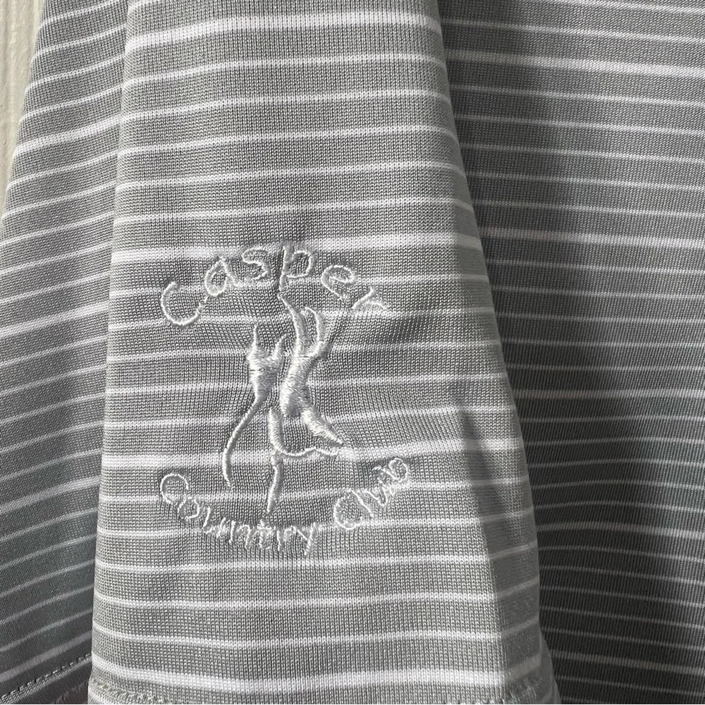 Adidas Men’s M Light Gray Striped ClimaLite Golf Polo Shirt with logo activewear
